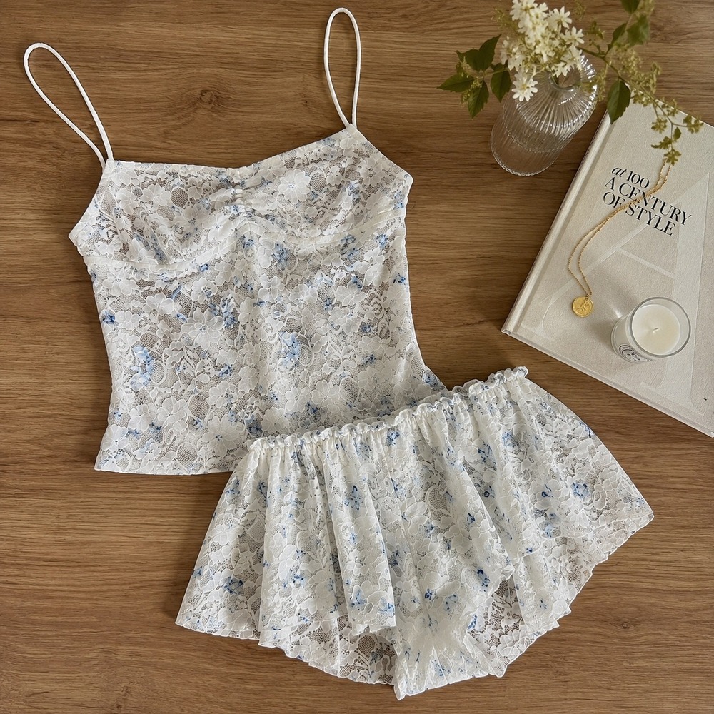 Frankies Bikinis Cassie Tank Flora Shorts Set Womens L White Blue Lace Butterfly